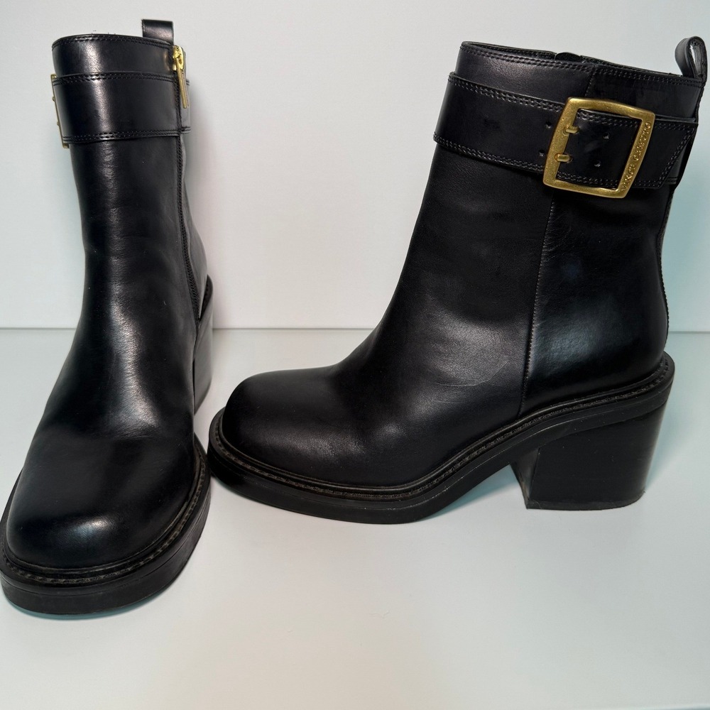 Vince Camuto Black Leather Moto Ankle Boots Gold Buckle Block‎ Heel Square Toe - Picture 8 of 15